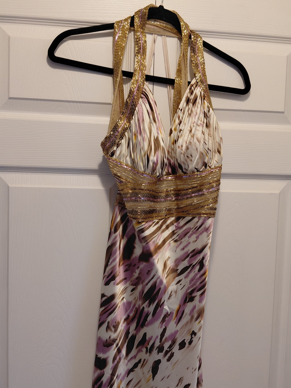 Dave & Johnny Purple, Gold and Brown Beaded Halter Dress